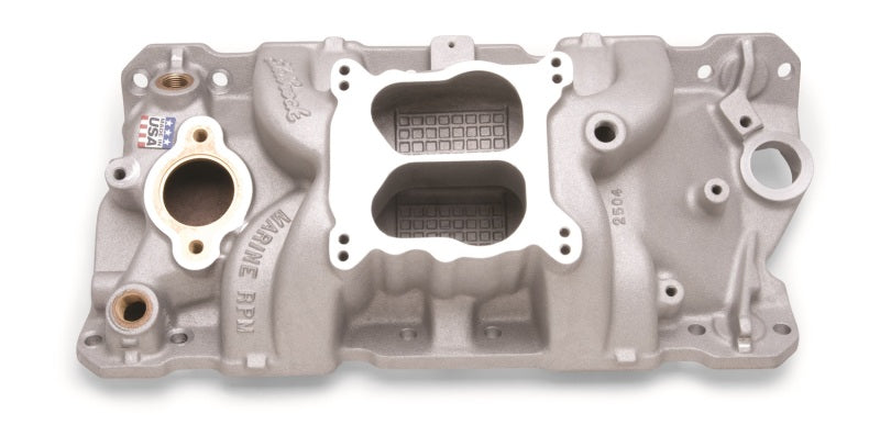 Edelbrock 2504 Manifold fits SBC 23-Degree Marine RPM 1955-1986 w/ Brass