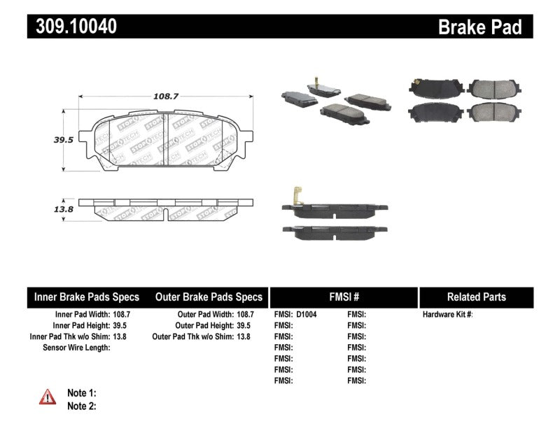 Stoptech 309.1004 Performance 03-05 WRX Rear Brake Pads