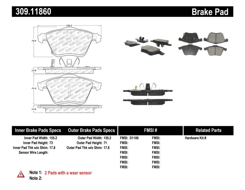 Stoptech 309.1186 Performance 06-07 Mazda 6 Front Brake Pads