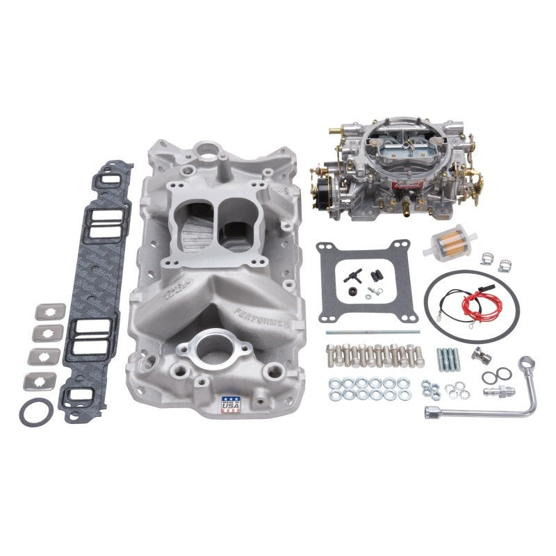 Edelbrock 2020 Manifold And Carb Kit Performer Air-Gap Small Block fits Chevrolet 1957-1986 Natural Finish