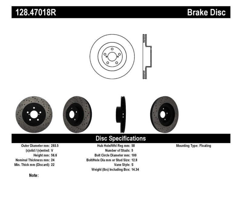 Stoptech 128.47018R 02-10 WRX Drilled Right Front Rotor