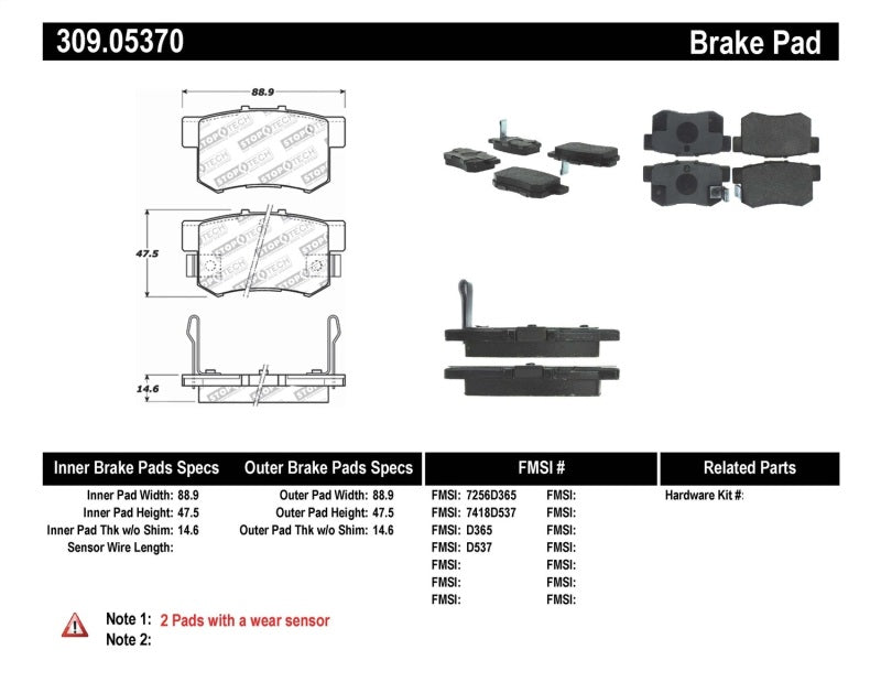 Stoptech 309.0537 fits Honda S2000/Accord/Acura TSX/RSX Rear Brake Pads