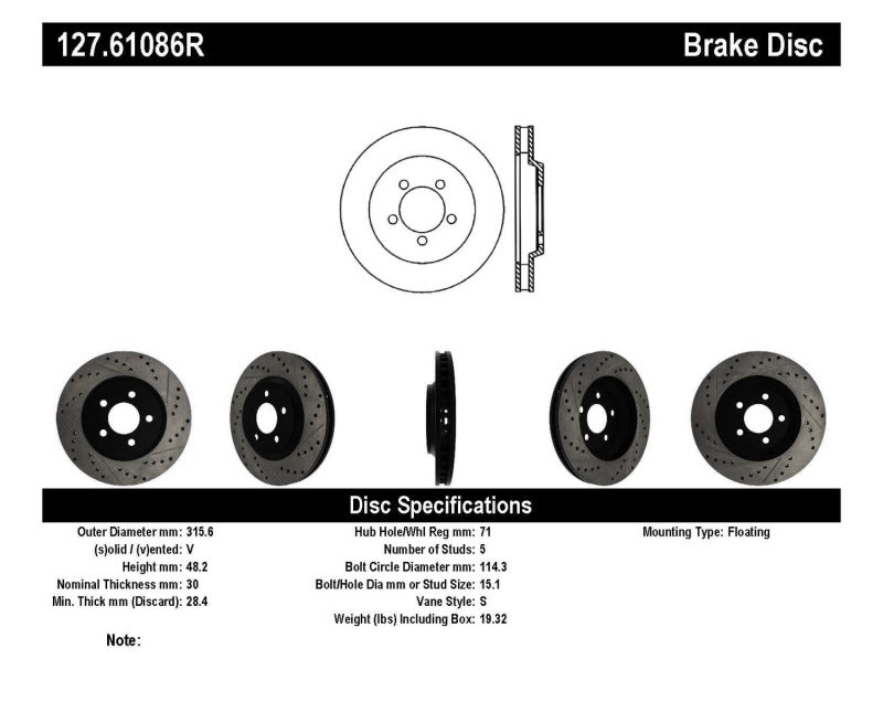 Stoptech 127.61086R 05-10 Ford Mustang GT Front Right Slotted & Drilled Rotor