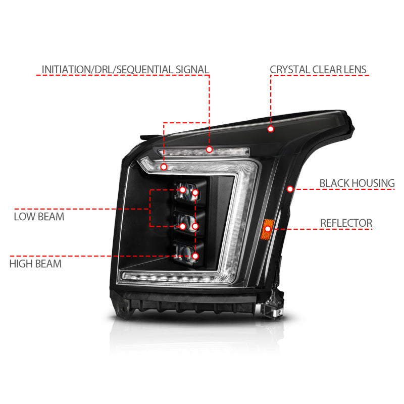 ANZO 111635X-L 15-20 fits GMC Yukon (Incl XL - Factory Halogen Models) Full LED Proj Headlights Black - Driver Side