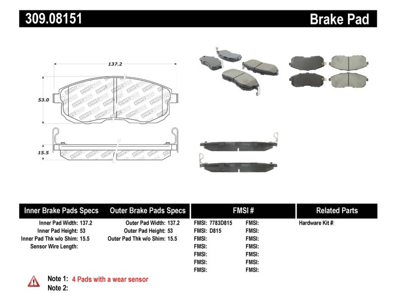 Stoptech 309.08151 Performance 02-04 Infiniti I30/I35 / 02-06 Nissan Altima Front Brake Pads