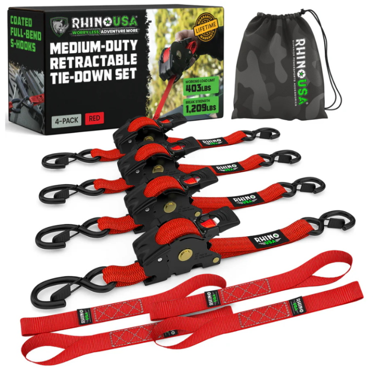 Rhino USA TD-RSRE1X10-RED-R Retractable Ratchet Straps (4Pk 1Inx10Ft) (Red)