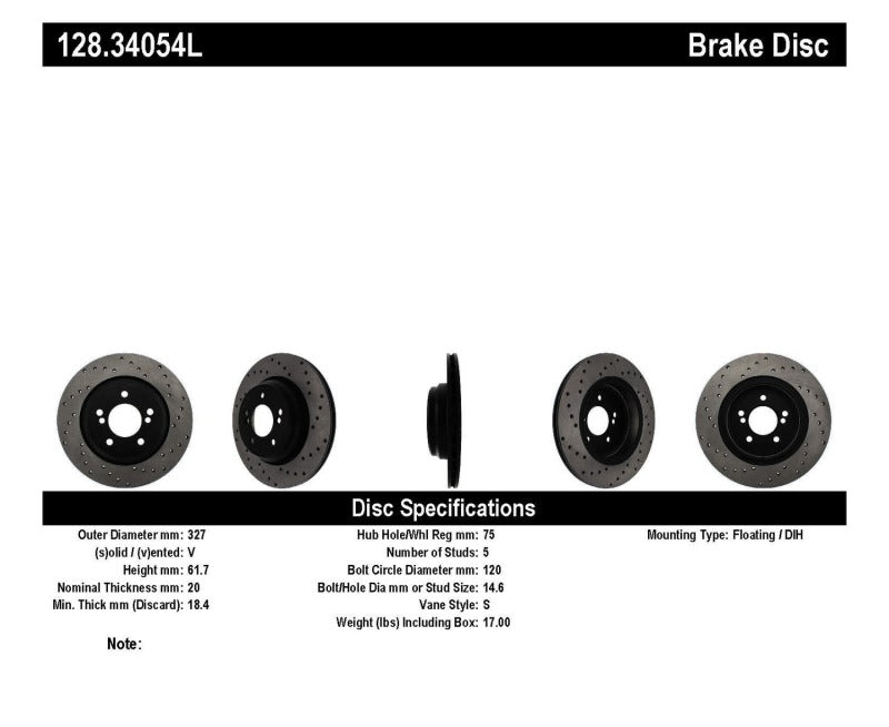 Stoptech 128.34054L 01-07 BMW M3 (E46) / 00-04 M5 (E39) Drilled Left Rear Rotor