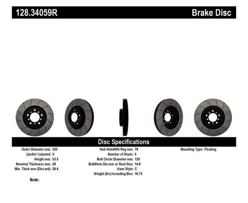 Stoptech 128.34059R 01-06 BMW M3 Drilled Right Front Rotor