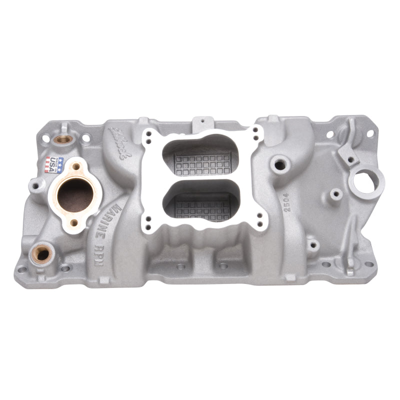 Edelbrock 2504 Manifold fits SBC 23-Degree Marine RPM 1955-1986 w/ Brass