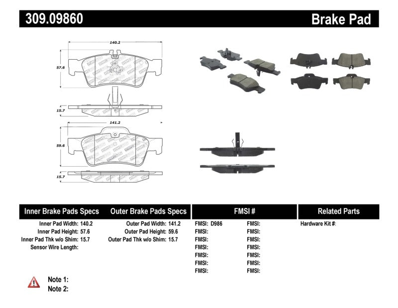 Stoptech 309.0986 Performance Mercedes Benz Rear Brake Pads