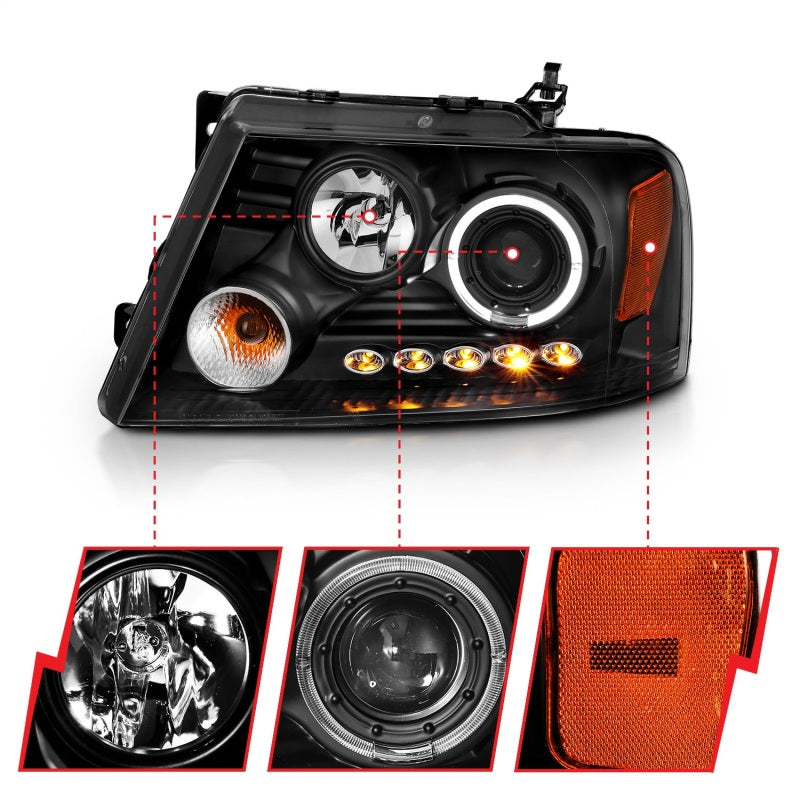 ANZO 111028 2008 fits Ford 04-20 F-150 Projector Headlights w/ Halo and LED Black