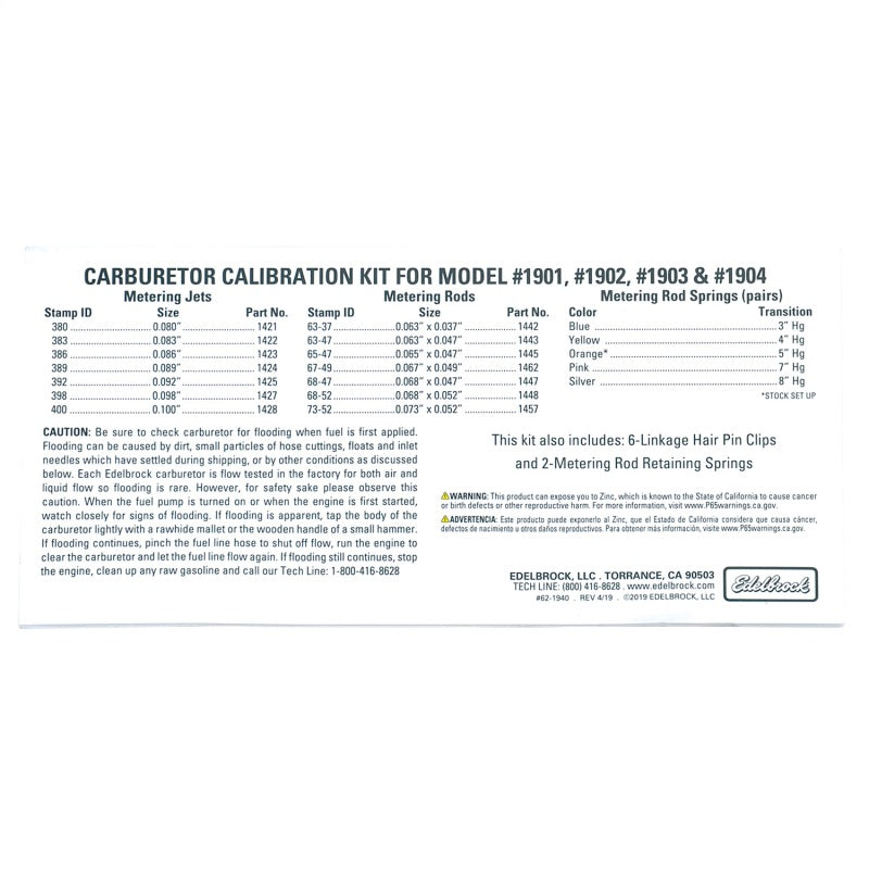 Edelbrock 1940 Calibration Kit for 1901 / 1902 / 1903 / 1904
