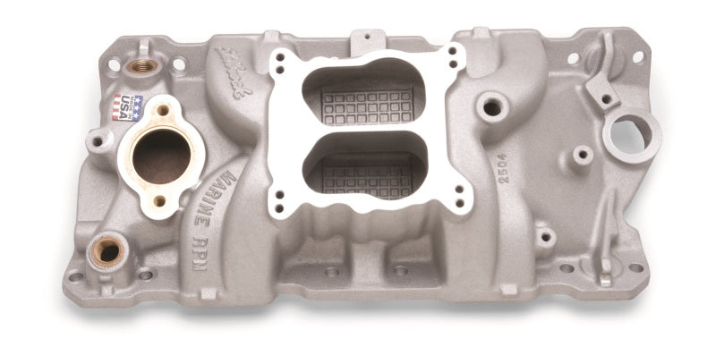 Edelbrock 2504 Manifold fits SBC 23-Degree Marine RPM 1955-1986 w/ Brass