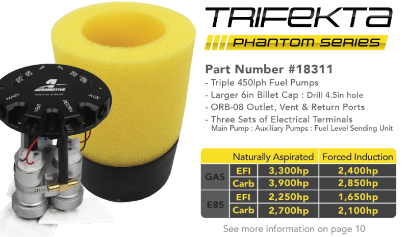Aeromotive 18311 Fuel Pump - Phantom Trifekta Universal In-Tank - 450lph - 6-10