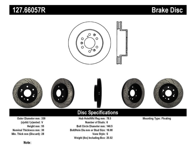 Stoptech 127.66057R 05-10 GMC Sierra 1500 (w Rear Drum) / 07-09 GMC Yukon Front Right Slotted & Drilled Rotor