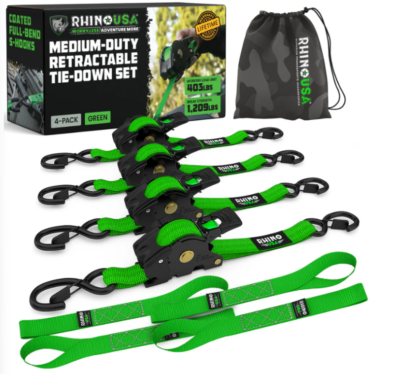 Rhino USA TD-RSRE1X10-GRN-R Retractable Ratchet Straps (4Pk 1Inx10Ft) (Green)