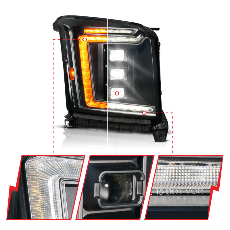 ANZO 111635X-R 15-20 fits GMC Yukon (Incl XL - Factory Halogen Models) Full LED Proj Headlights Black - Pass. Side