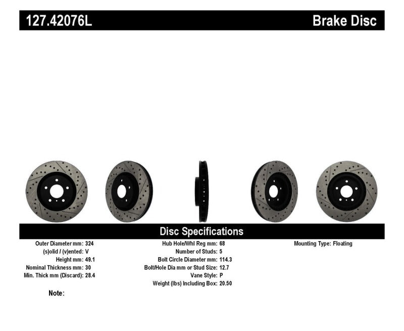 Stoptech 127.42076L Slotted & Drilled Sport Brake Rotor