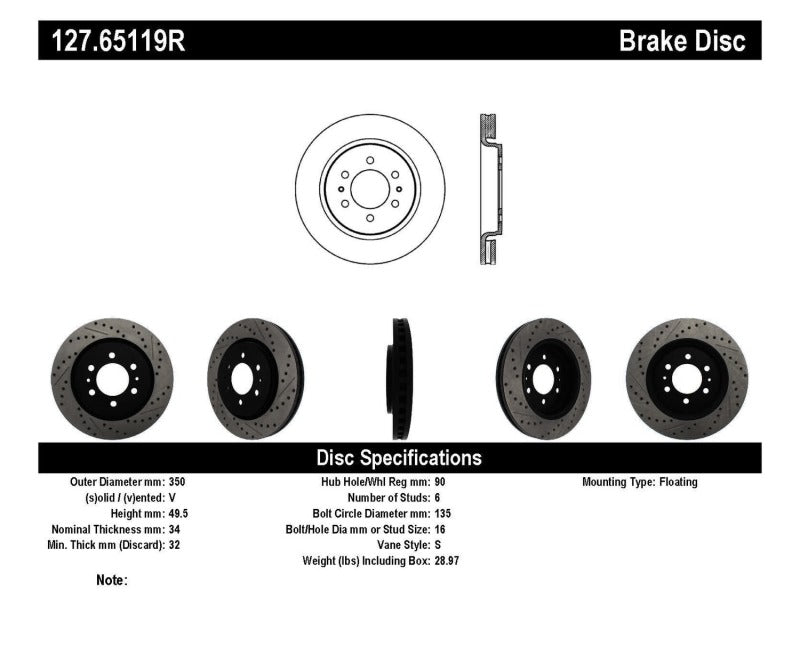 Stoptech 127.65119R Slotted & Drilled Sport Brake Rotor