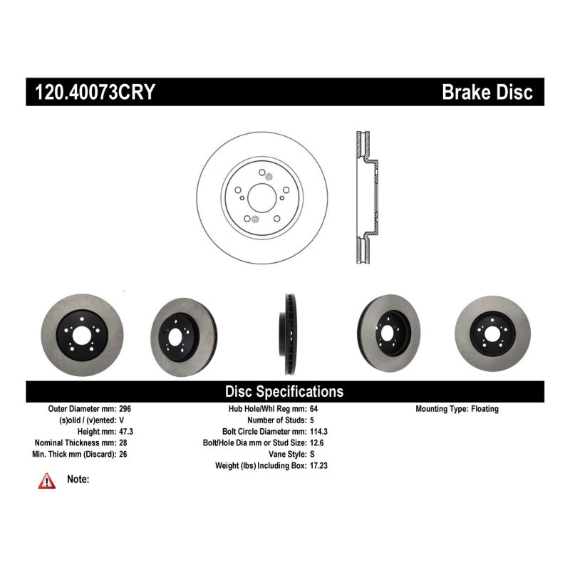 Stoptech 120.40073CRY 07-12 Acura RDX Front Premium Cryo Rotor