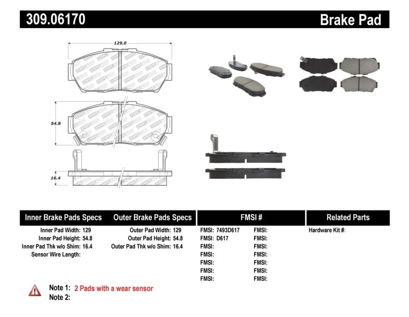 Stoptech 309.0617 Performance 93-95 fits Honda Civic Coupe / 94-95 Civic Hatchback/Sedan Front Brake Pads