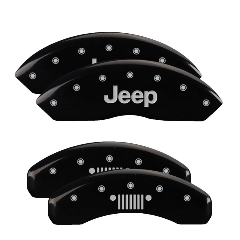 MGP 42018SJPLBK 4 Caliper Covers Engraved Front fits Jeep Rear Grill Logo Black