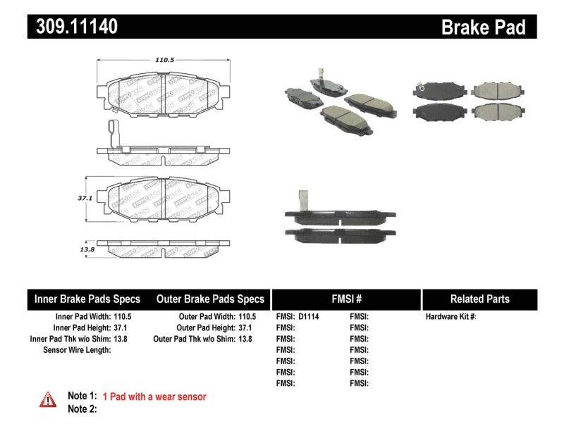Stoptech 309.1114 Performance 08-10 WRX Rear Brake Pads