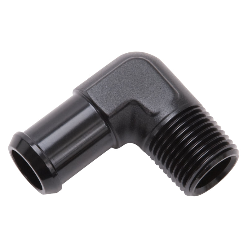 Edelbrock 8180 Hose End 90-Deg 1/2In NPT to 1/2In Barb Black Anodize