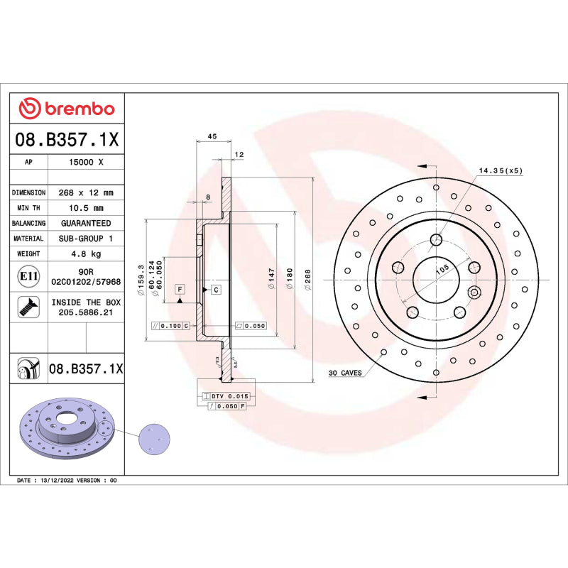 Brembo OE 08.B357.1X 2015 fits Chevrolet Cruze Drilled Xtra Brake Disc - Rear