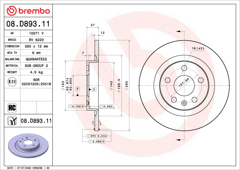 Brembo OE 08.D893.11 fits Ford F-250/F-350 Super Duty Rear UV Coated Rotor