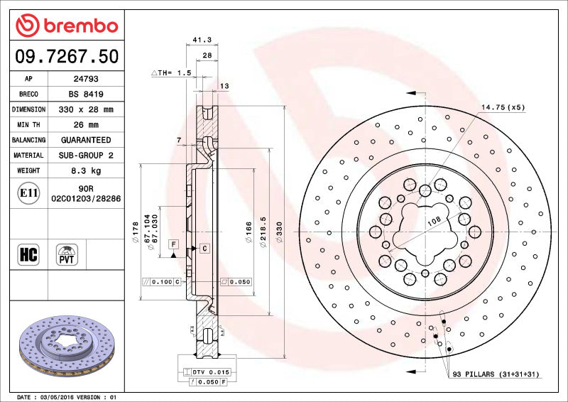 Brembo OE 09.7267.50 00-04 fits Ferrari 360 Drilled Standard Brake Disc