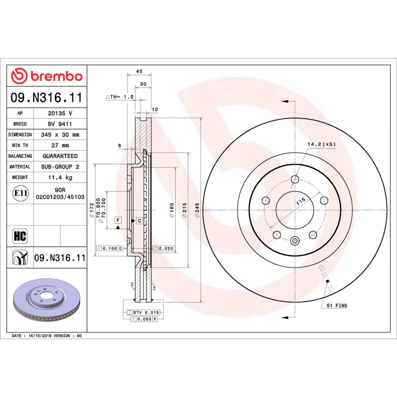 Brembo OE 09.N316.11 18-20 Buick Regal Sportback UV Coated Brake Disc - Front