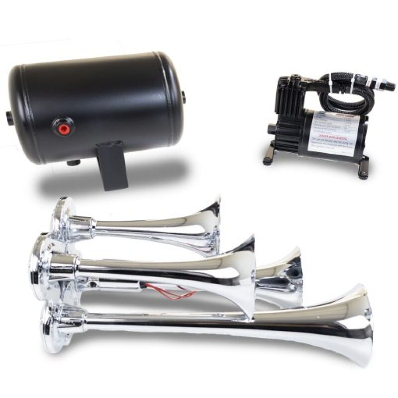 Kleinn HK4 Chrome Quad Horn Kit w/ 130 PSI Air Compressor / 1.0 gal Air Tank
