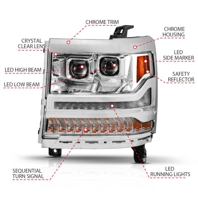 ANZO 111623A 16-18 fits Chevy Silverado 1500 (Factory HID Models ONLY) Full LED Proj Headlights Chrome - Pair