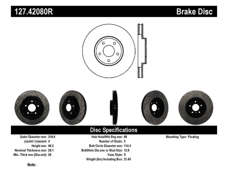 Stoptech 127.42080R 06-07 350Z / 05-07 G35 exp Sport/ 06-07 G35X SportStop Slotted & Drilled Front Right Rotor