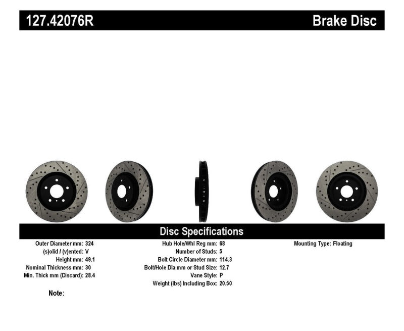 Stoptech 127.42076R Slotted & Drilled Sport Brake Rotor
