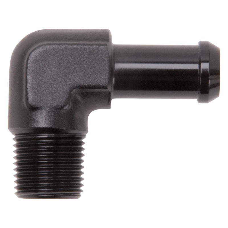 Edelbrock 8163 Hose End 90-Degree 3/8In NPT to 1/2In Barb Black Anodize