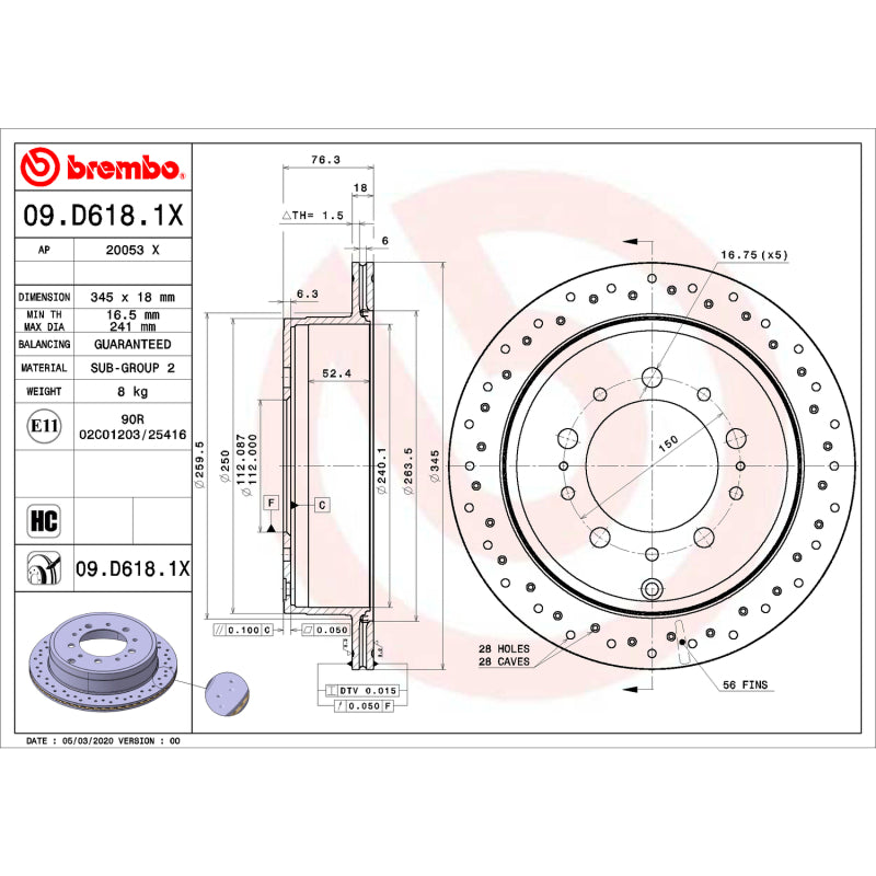 Brembo OE 09.D618.1X 14 20 fits Infiniti QX60/15-22 Nissan Murano/13-20 Nissan P
