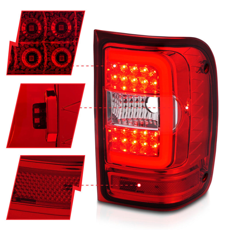 ANZO 311393 2011 fits Ford 01-20 Ranger LED Tail Lights w/ Light Bar Chrome Housing Red/Clear Lens