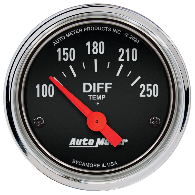 AutoMeter 2534 Autometer Traditional Chrome 2-1/16in 100-250 Deg F Electric Differential Temp Gauge