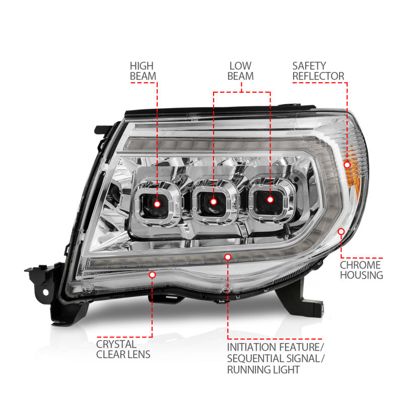 ANZO 111582 fits Toyota 05-11 Tacoma LED Projector Headlights w/Light Bar Swtchbk Seq. Chrome w/Initiation Light