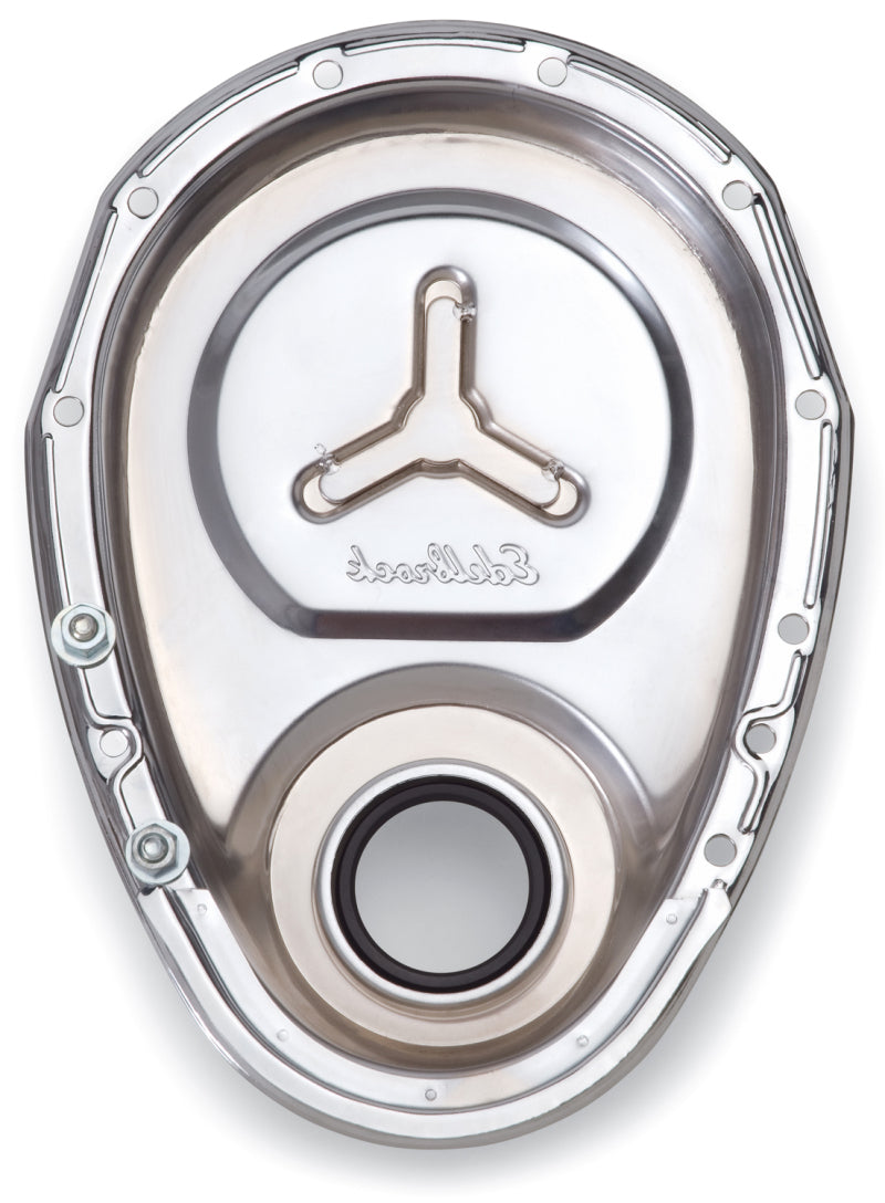 Edelbrock 4860 Timing Cover SB-fits Chevy Chrome w/ Welded Reinforcement Plate