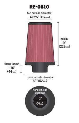 K&N Engineering RE-0810 K&N Universal Rubber Filter 3inch FLG / 6inch OD-B / 4-5/8inch OD-T / 9inch L