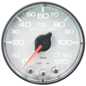 AutoMeter P325128 Autometer Spek-Pro Gauge Oil Press 2 1/16in 120psi Stepper Motor W/Peak & Warn Wht/Blk