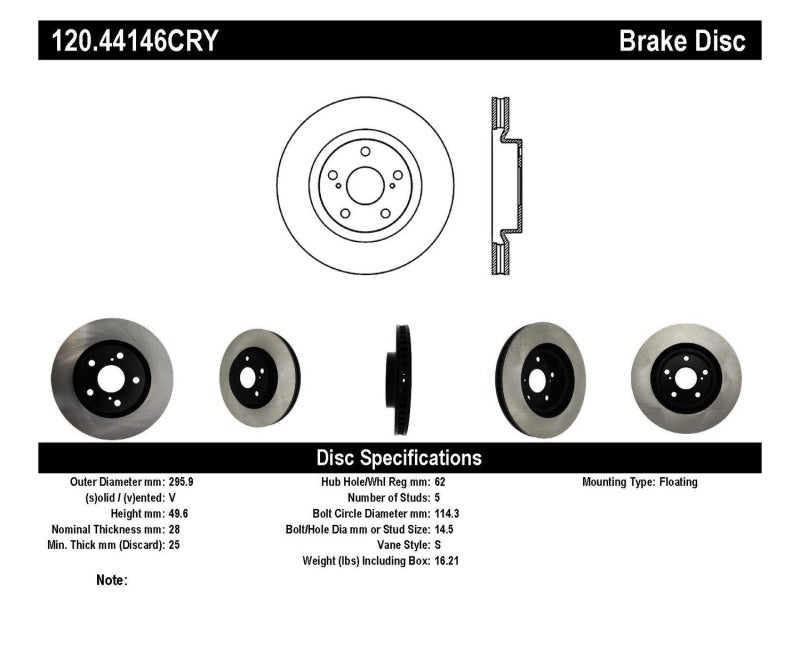 Stoptech 120.44146CRY 07 fits Lexus ES350 / 09 Pontiac Vibe / 09 Toyota Matrix Front CRYO-STOP Brake Rotor