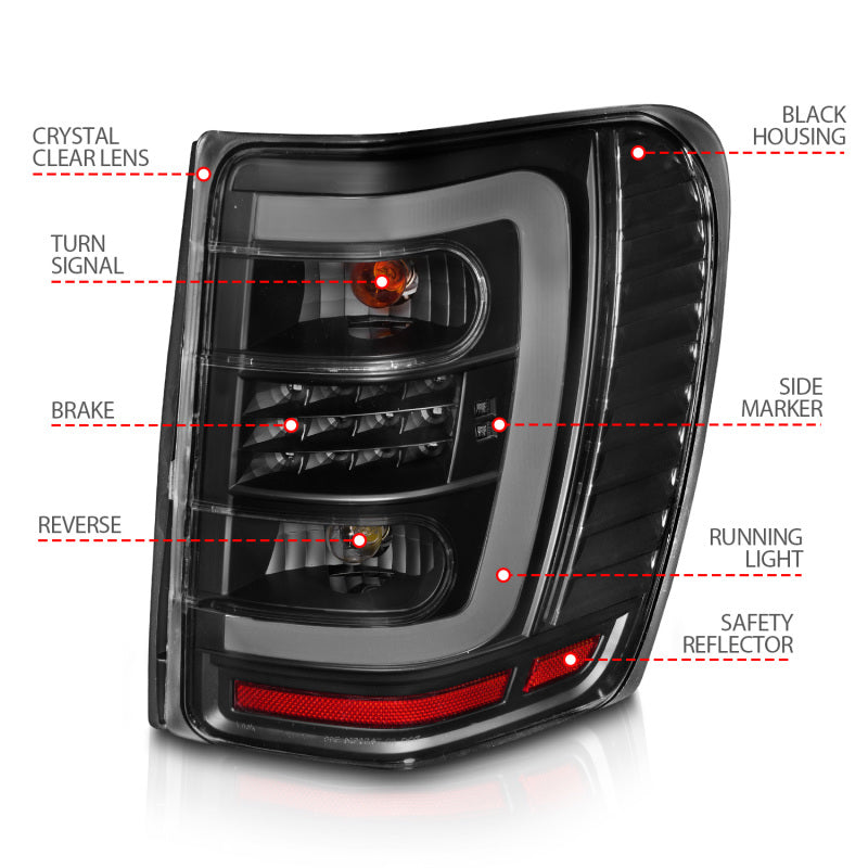 ANZO 311394 1904 fits Jeep 99-20 Grand Cherokee LED Tail Lights w/ Light Bar Black Housing Clear Lens