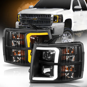 ANZO 111410 07-13 fits Chevrolet Silverado 1500 Plank Style Projector Headlights Black w/ Amber