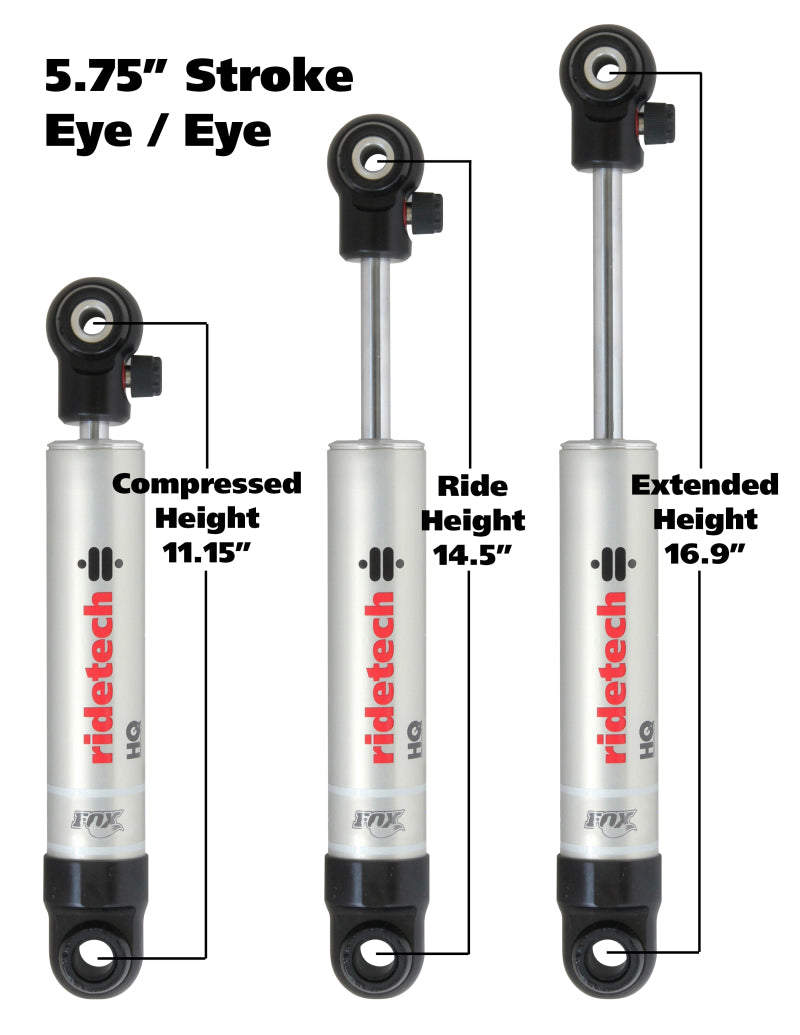 Ridetech 22169841 HQ Series Shock Absorber Single Adjustable 5.75in Stroke Eye/Eye Mounting 11.15in x 16.9in