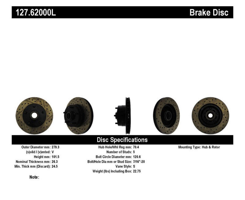 Stoptech 127.62000L Slotted & Drilled Sport Brake Rotor