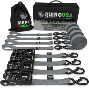 Rhino USA HDKIT-4PK-GRY Heavy Duty Ratchet Tie-Down 4-Pack (Gray) 1.6In X 8Ft